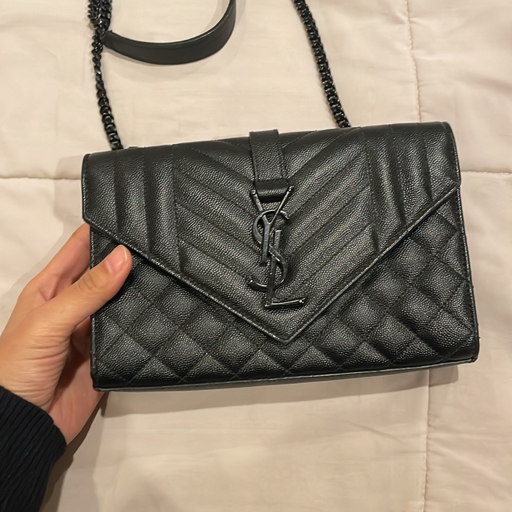 YSL Saint Lauren Envelope Triquilt Medium Shoulder Bag in Grained Leather